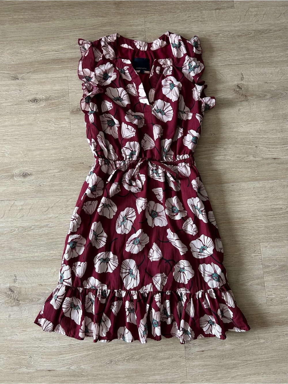 Modcloth Burgundy Floral Ruffle Tie-Waist Dress
